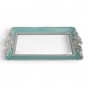 Silver & Turquoise Mirrored Jewelry Makeup Tray